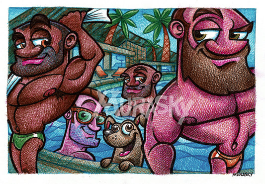 Several men, wearing swimsuits, having a pool party in Palm Springs.
