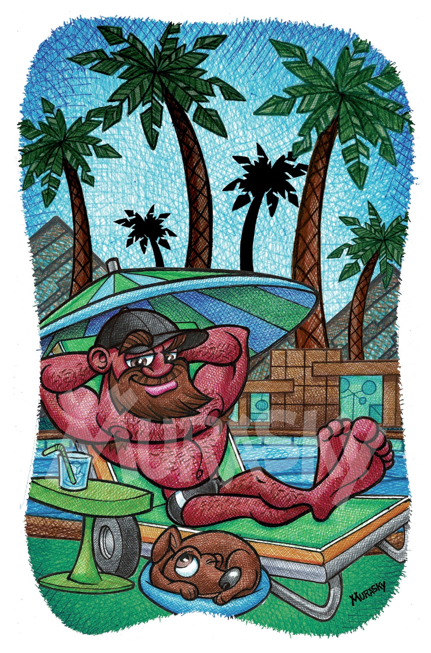 Man in bathing suit relaxing on a lounge, poolside, with his dog napping beside him.