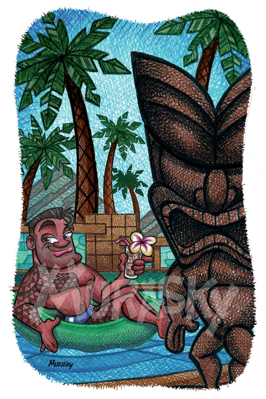 Man, floating in a pool in a tube, holding a cocktail, with a large tiki in the foreground.