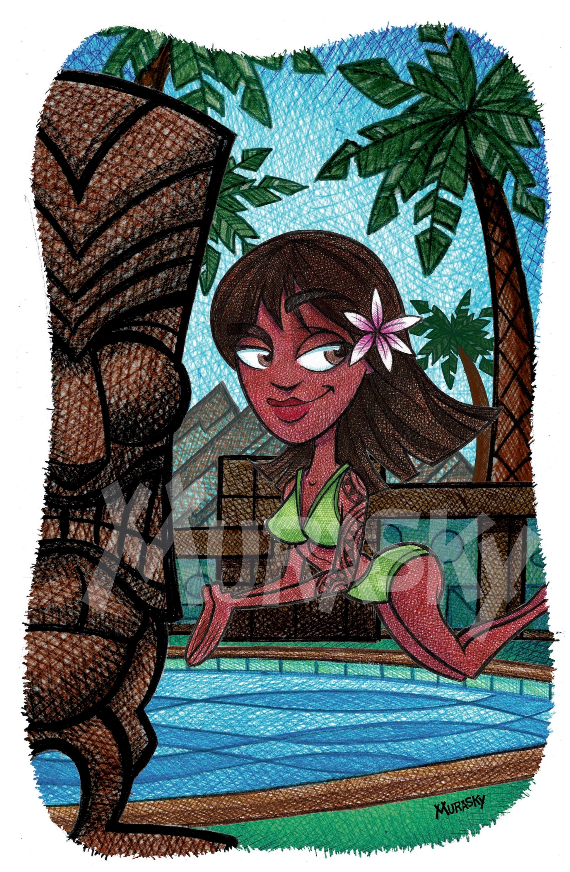 Woman, wearing a bikini, diving into a pool, with a large tiki in the foreground.