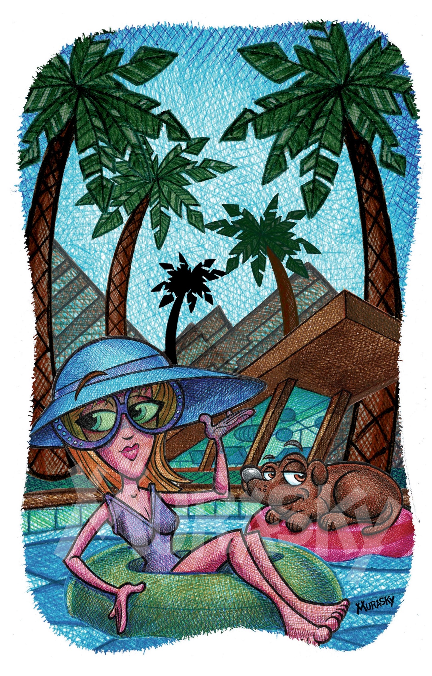 Woman, wearing a bathing suit, floating in a pool, in a tube, with her dog, floating on a raft, next to her.