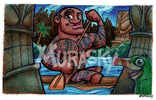 Tatooed man, paddling a canoe, surrounded by tikis, as a parrot looks on.