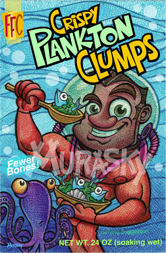 Crispy Plankton Clumps cereal box. Features burly SCUBA diver enjoying a bowl of Crispy Plankton Clumps underwater. Box says "Fewer Bones!"