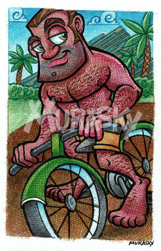 Shirtless man, riding a green bicycle, in Palm Springs.
