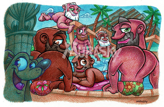 Several bearded men, wearing swimsuits, having a pool party in Palm Springs, as a tiki and dog look on.