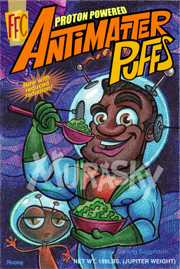Proton Powered Antimatter Puffs cereal box. Features burly spaceman enjoying a bowl of Proton Powered Antimatter Puffs with a friendly alien being on a distant planet. Box says "Now with reduced radiation."